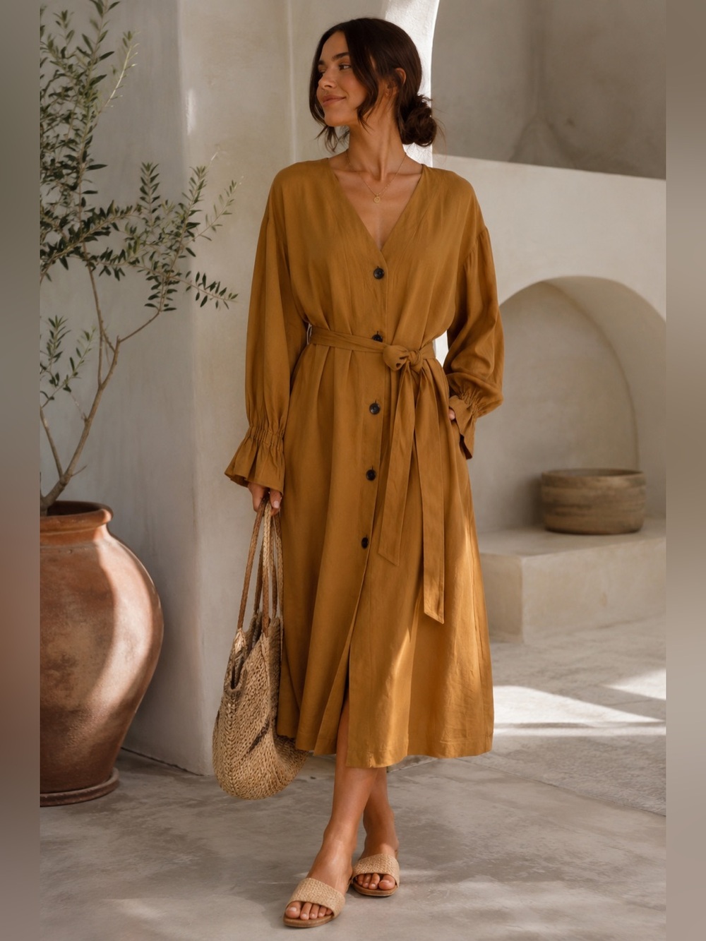 GU Japan Camel Linen Blend Belted Midi Dress Coastal Minimalist M